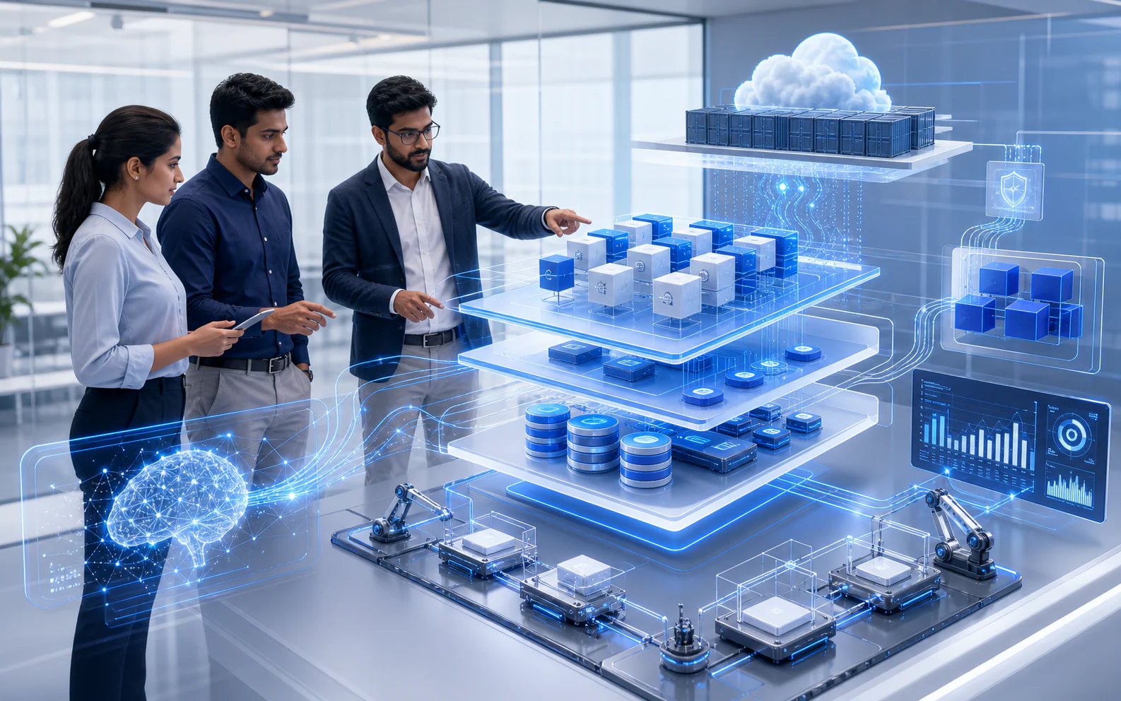 Software engineers reviewing architecture, cloud, testing, and delivery systems